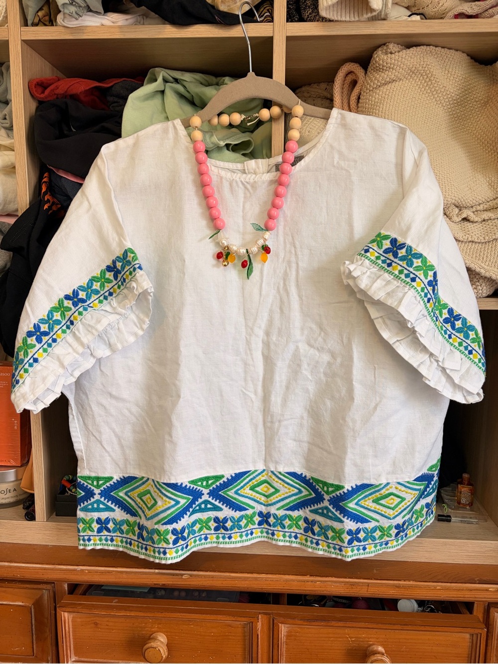 Falls Creek White Blouse with Blue and Green Embroidered Trim